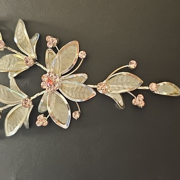 Elegant Silver Leaf Necklace With Pink Stones and Earring Set. Vintage - Picture 2 of 7